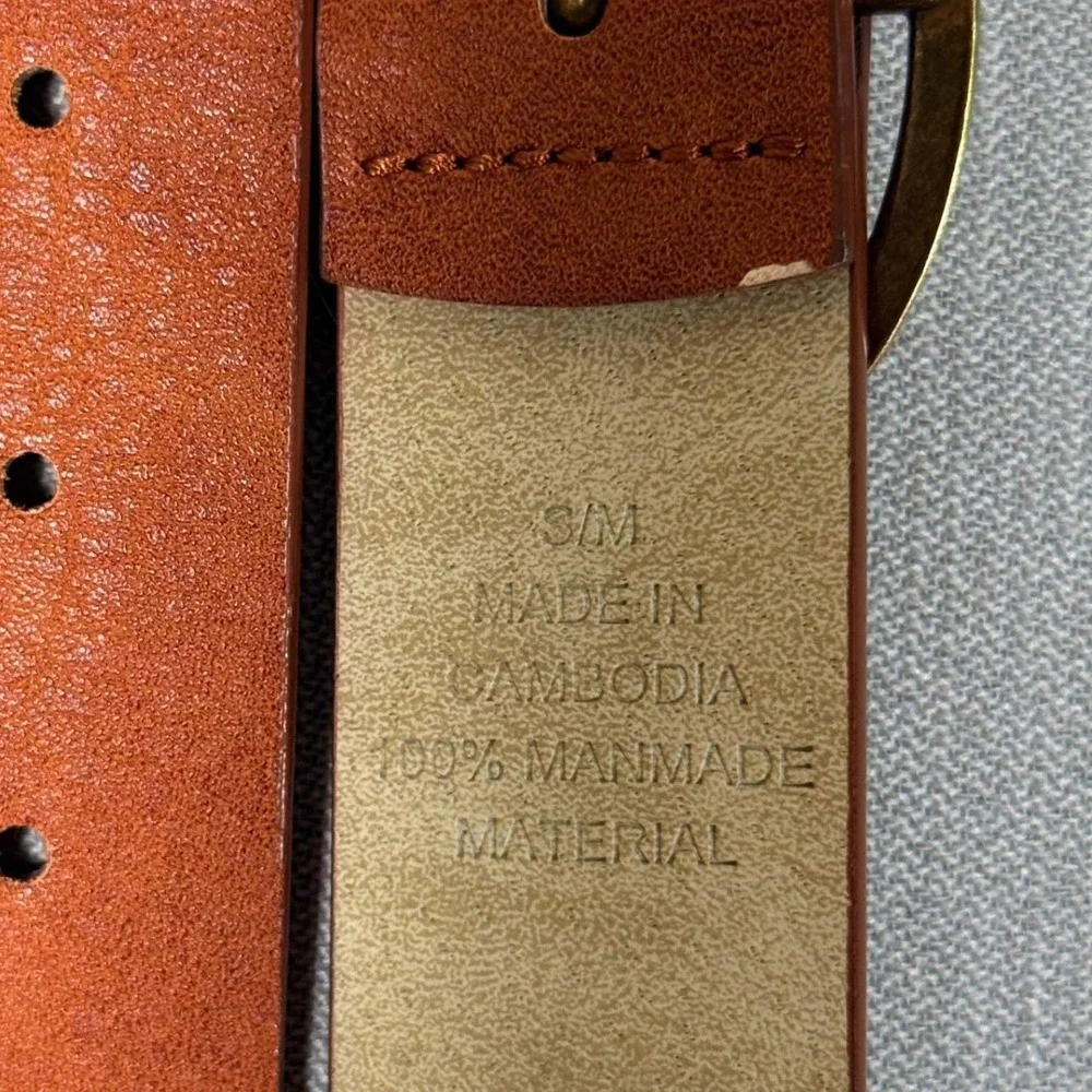 Vintage Floral Embroidered Brown Leather Belt Cambodia Studded Brass Buckle